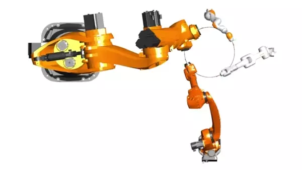 Multiple KUKA robots moving together to draw a circle
